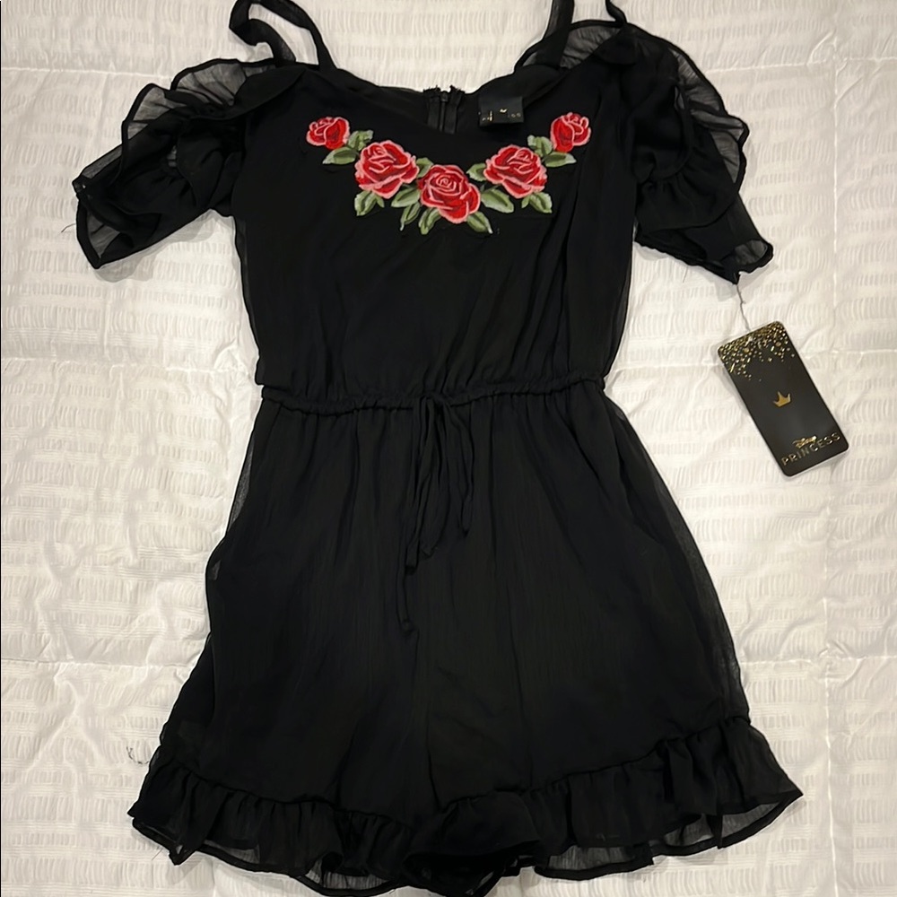 Disney princess limited edition collection Black Romper with Red Rose Embroidery